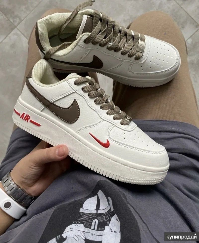 Nike Air Force 1 Low – Cream with Brown Swoosh & Red Mini Logo